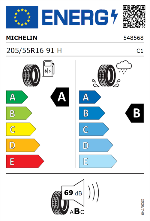Tyre Label for Michelin e.primacy 205/55R16 91H