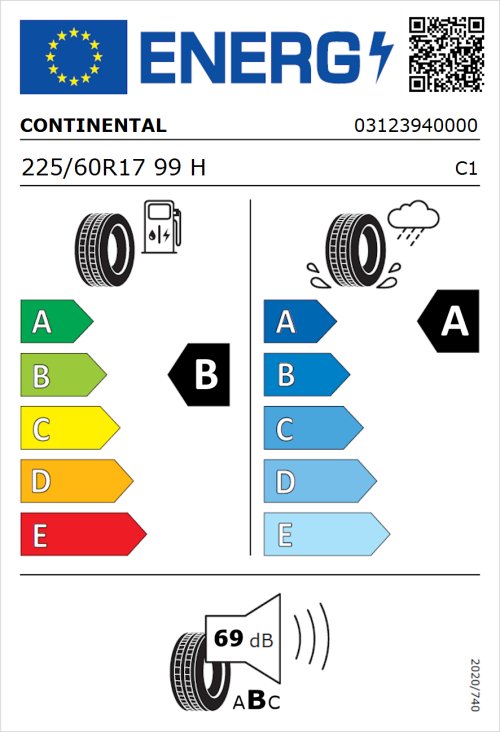 Tyre Label for Continental UltraContact 225/60R17 99H