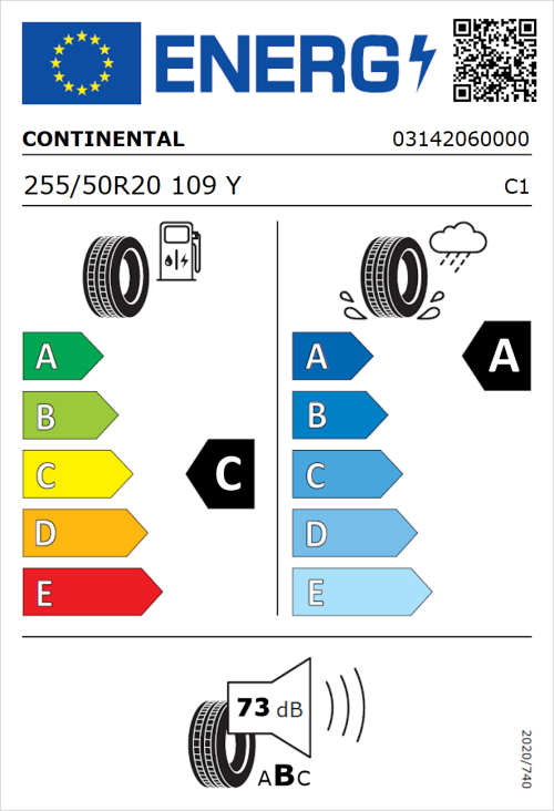 Tyre Label for Continental Premium Contact 7 255/50R20 109Y