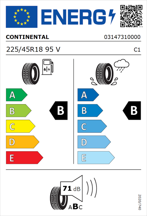 Tyre Label for Continental PremiumContact 6 225/45R18 95V