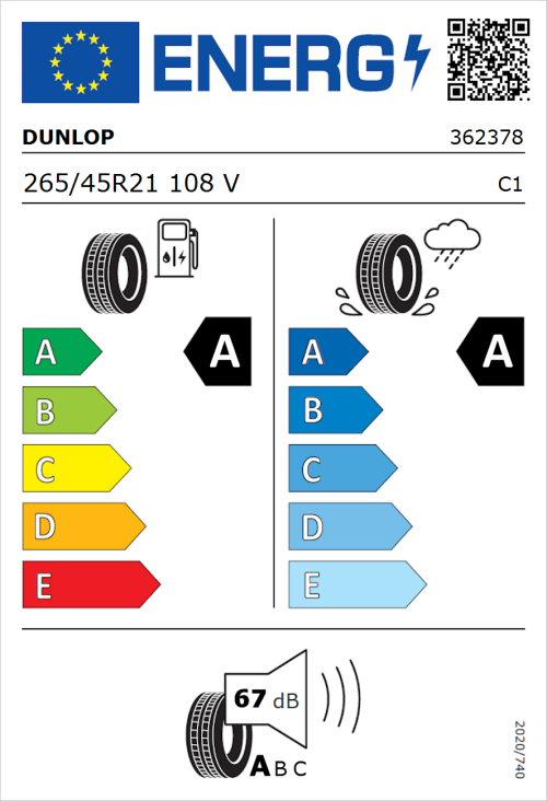 Tyre Label for Dunlop BLUE RESPONSE TG 265/45R21 108V