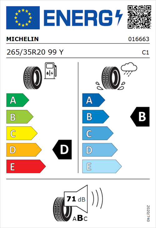 Tyre Label for Michelin Pilot Sport Cup 265/35R20 99Y