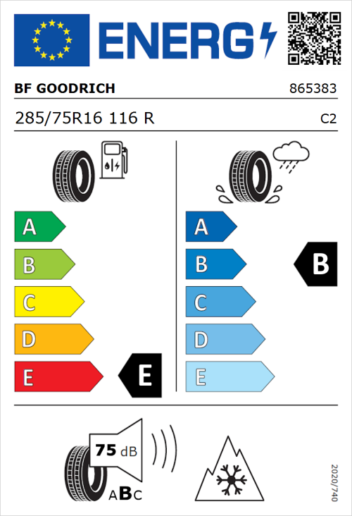 Tyre Label for BF Goodrich All Terrain T/A KO2 RWL 285/75R16 116R